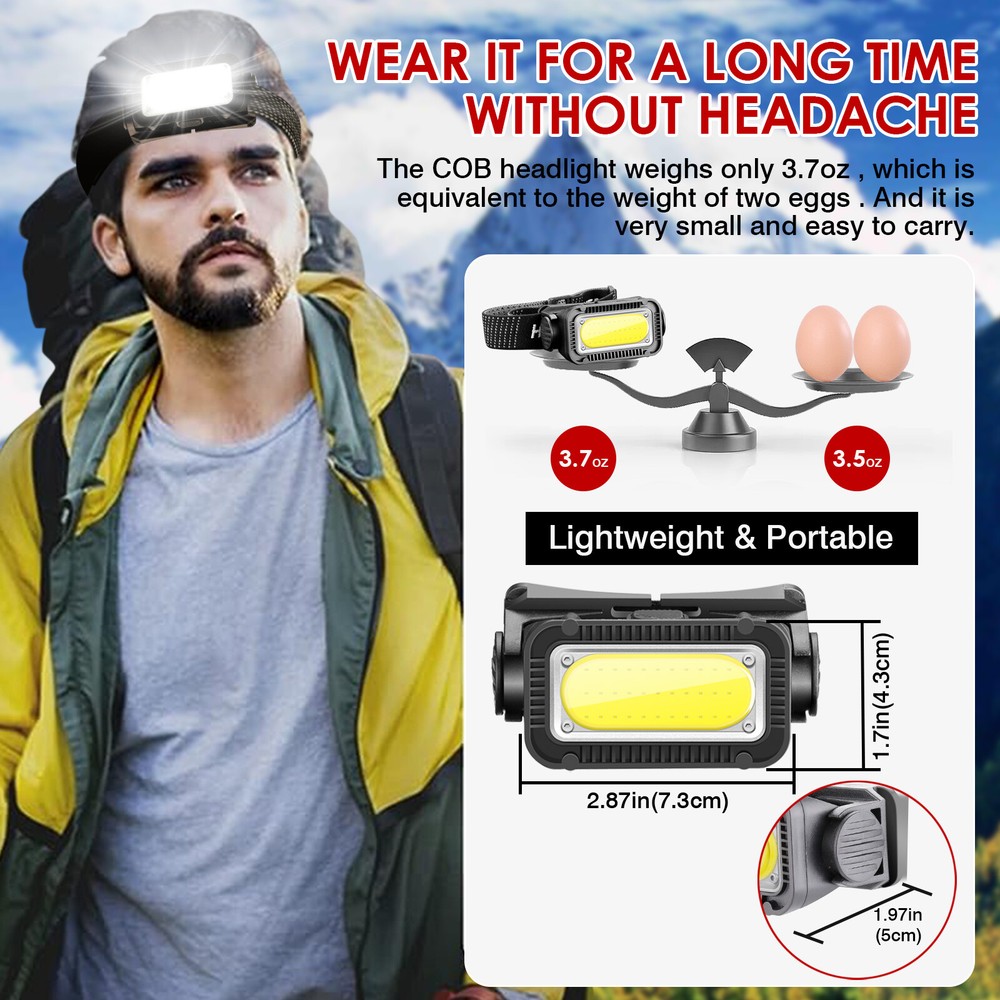 2pack Super Bright COB LED Headlamp Rechargeable Waterproof Headlight Work Light