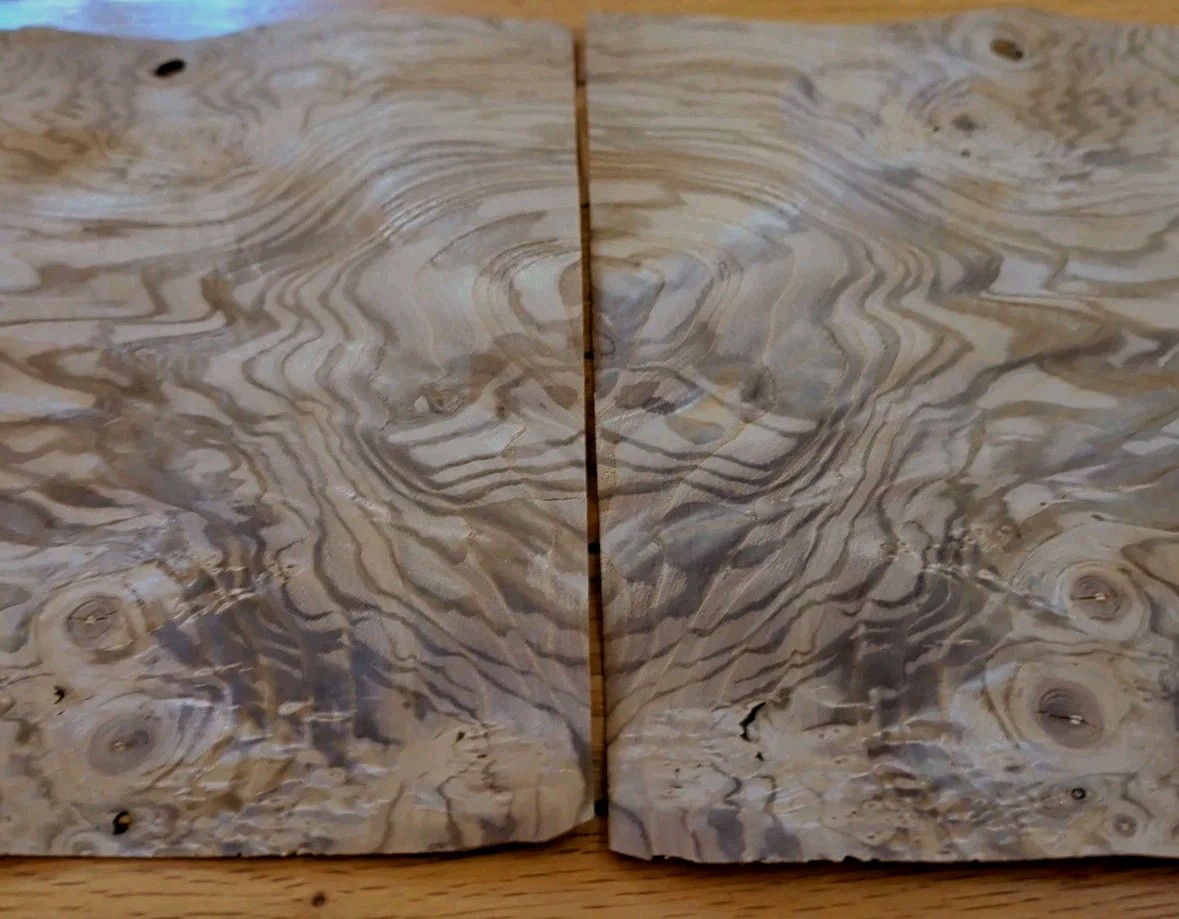 Olive Ash Burl veneer 2 pcs 10 1/4" x 7" ea raw 1/42 wood Buckled lil crack