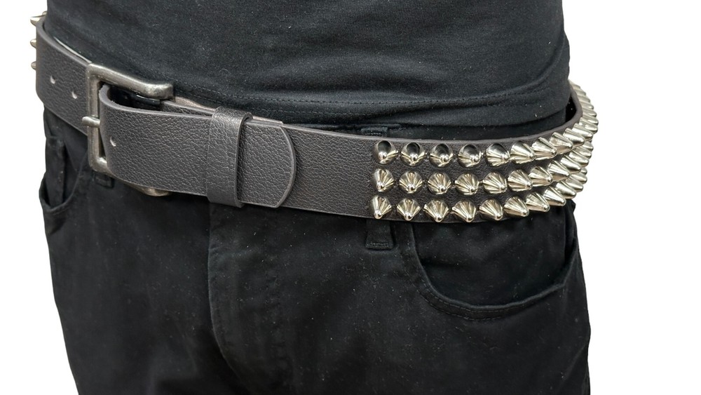 THREE Row SILVER UK77 CONE Stud Belt Leather Handmade Studded Belt Punk Goth