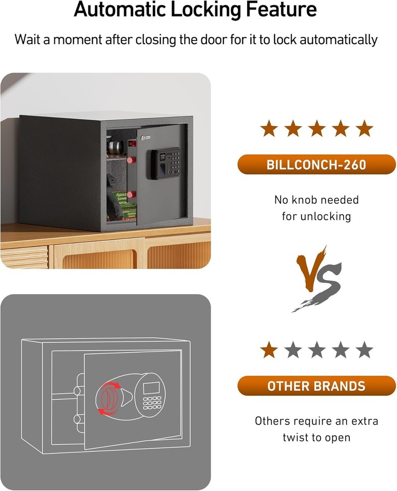 Billconch Smart Gun Safe for Multiple Pistols - Automatic Lock Safe Box with LCD