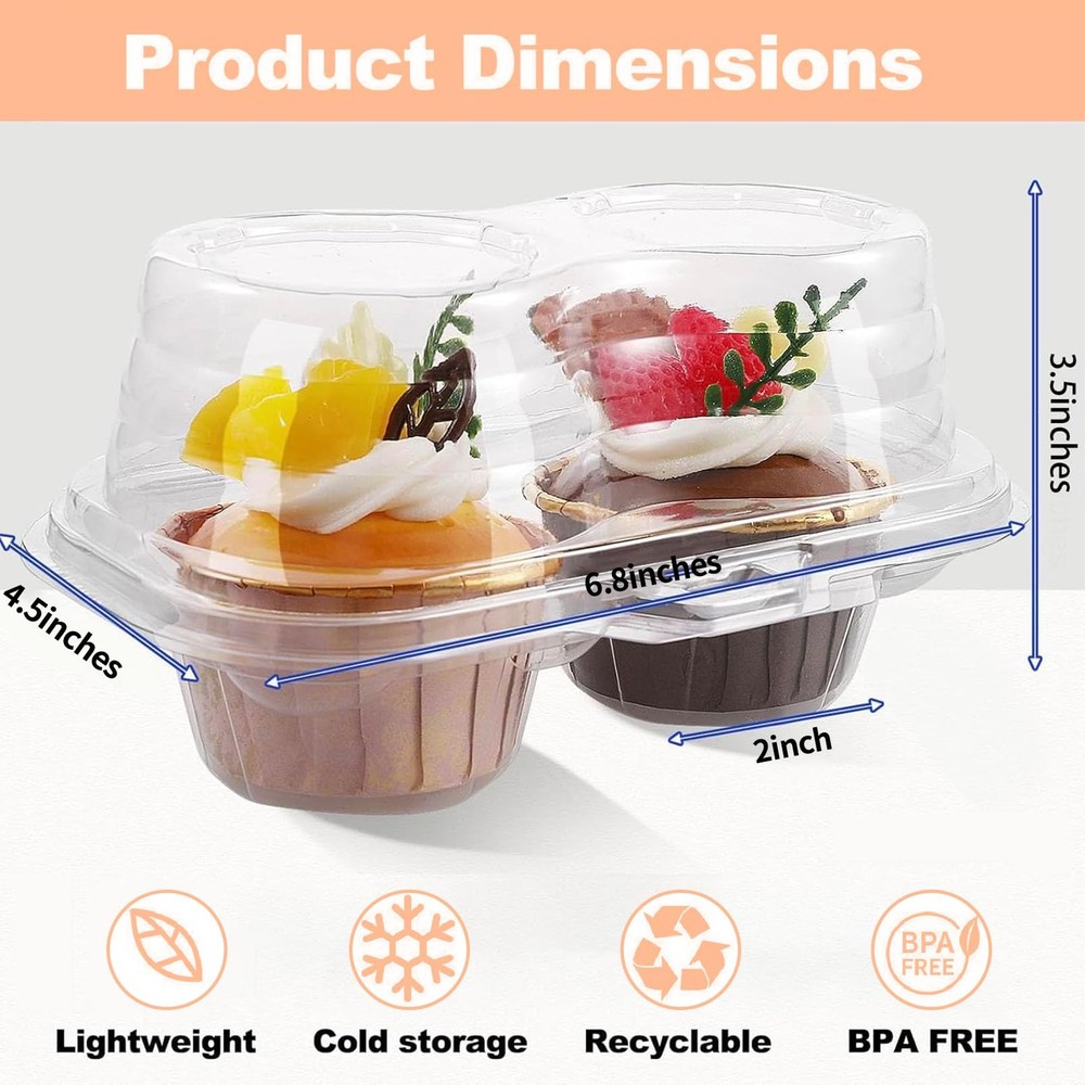 Cupcake Containers 50 Pcs 2 Compartment Clear Box Stackable Deep Dome