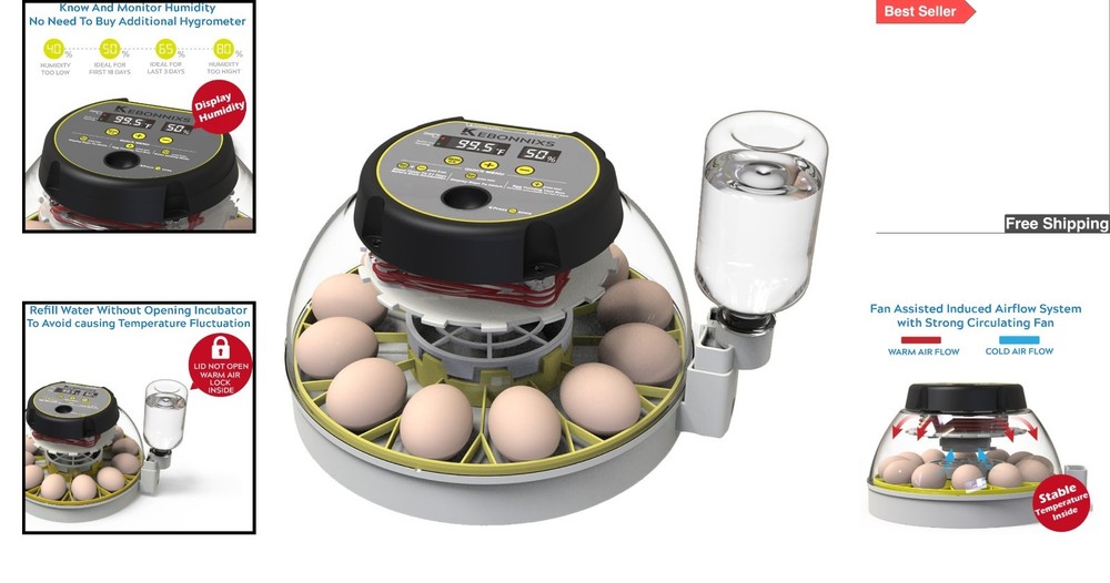 Effortless 12-Egg Incubator with Built-In Candler & Stable Temperature Control