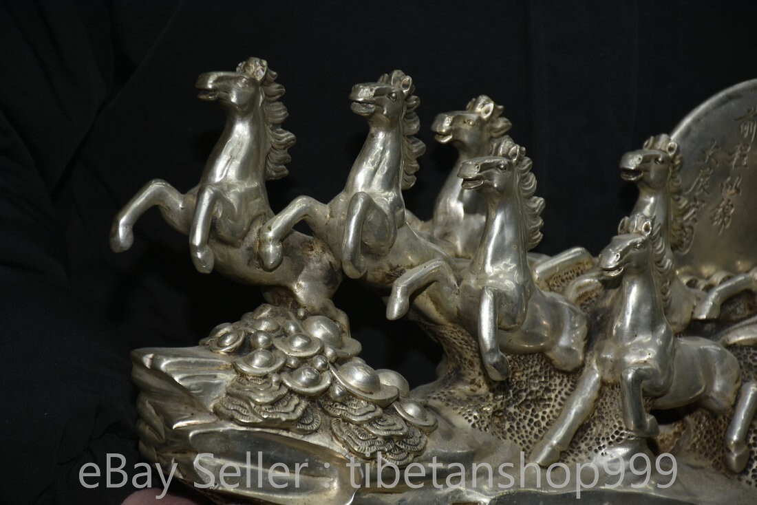 14.8" Rare Old Chinese Dynasty Silver Fengshui 12 Zodiac 8 Horse Word Statue