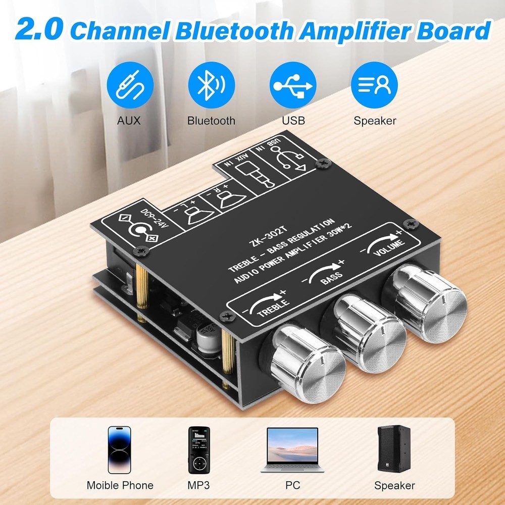 Wireless 60W Bluetooth Amplifier Board with Multiple Inputs for Easy Setup