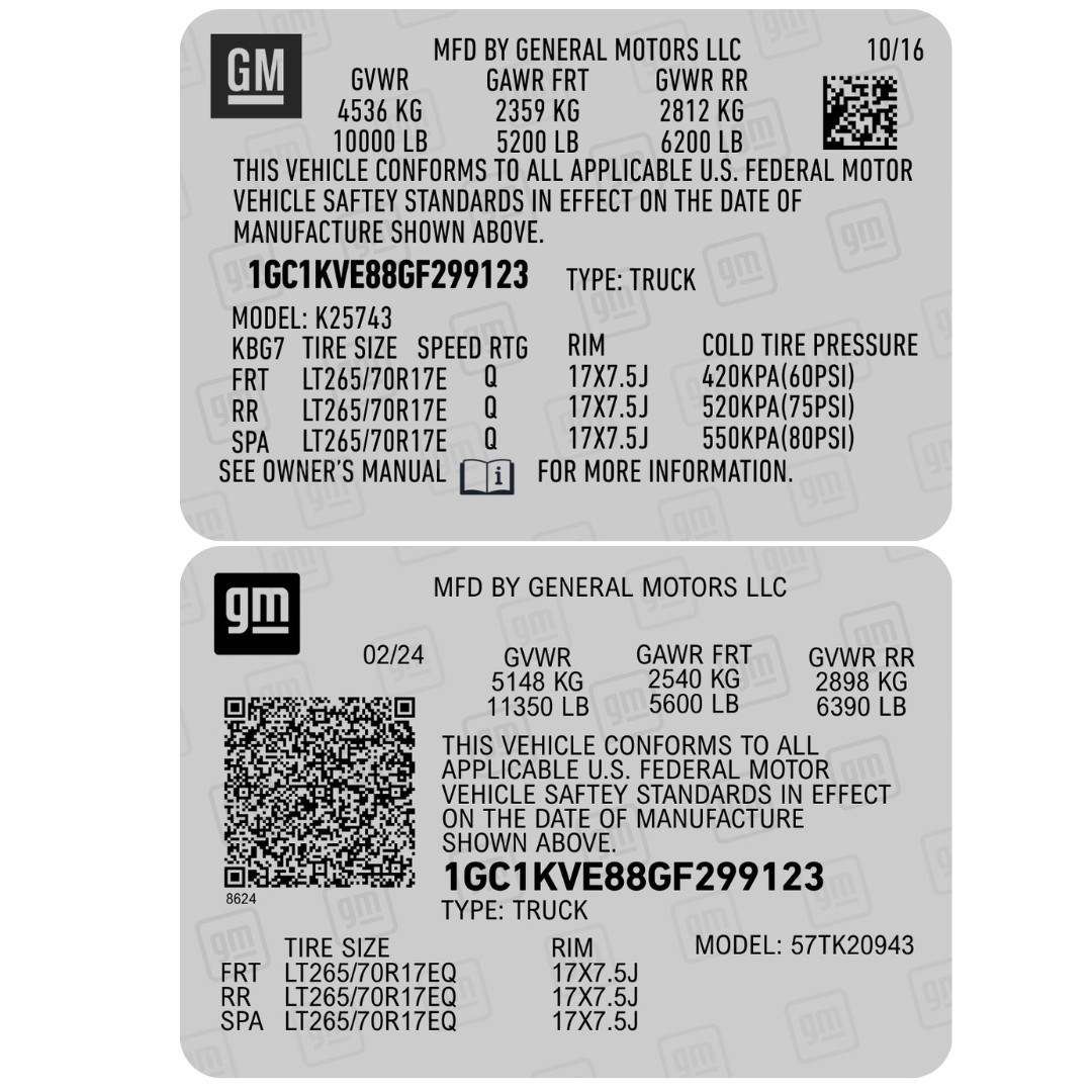 GMC CHEVY GM VIN STICKER ALL STYLES replacement driver door jamb id info data
