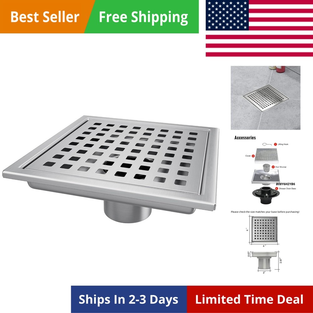 Square Shower Drain, Shower Drain 4 inch with Removable Grate Cover, Corrosio...