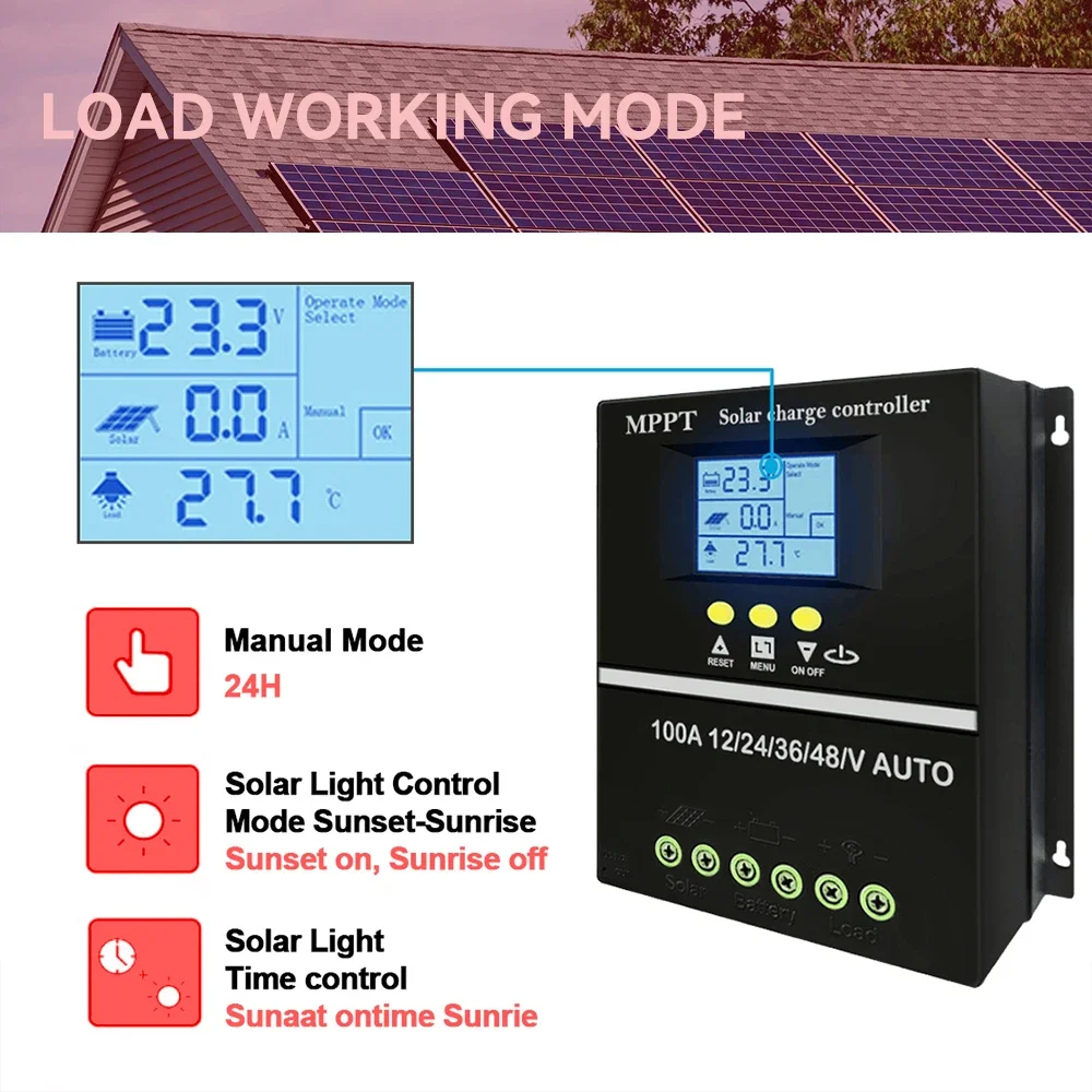 100A MPPT 12V/24V/36V/48V Solar Panel Charge Controller Regulator DC Dual-USB