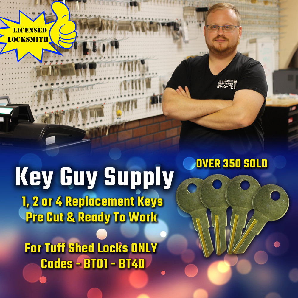 BT1-BT40 Replacement keys for Tuff Shed locks, Cut to code. Licensed Locksmith.