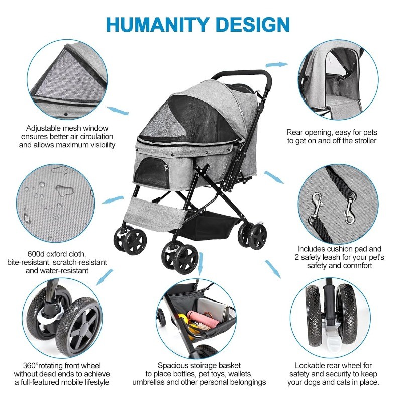 Dog Stroller for Large Medium Dogs Cats with Reversible Handle Foldable