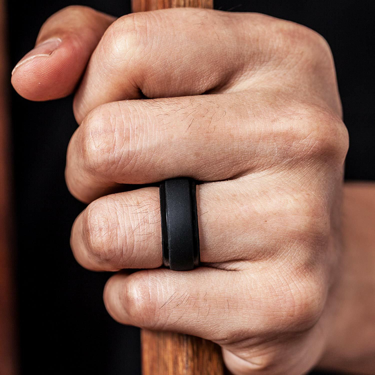 SILICONE WEDDING RING for Men by LiveLife BLACK GROOVE Rubber Band (Single Pack)