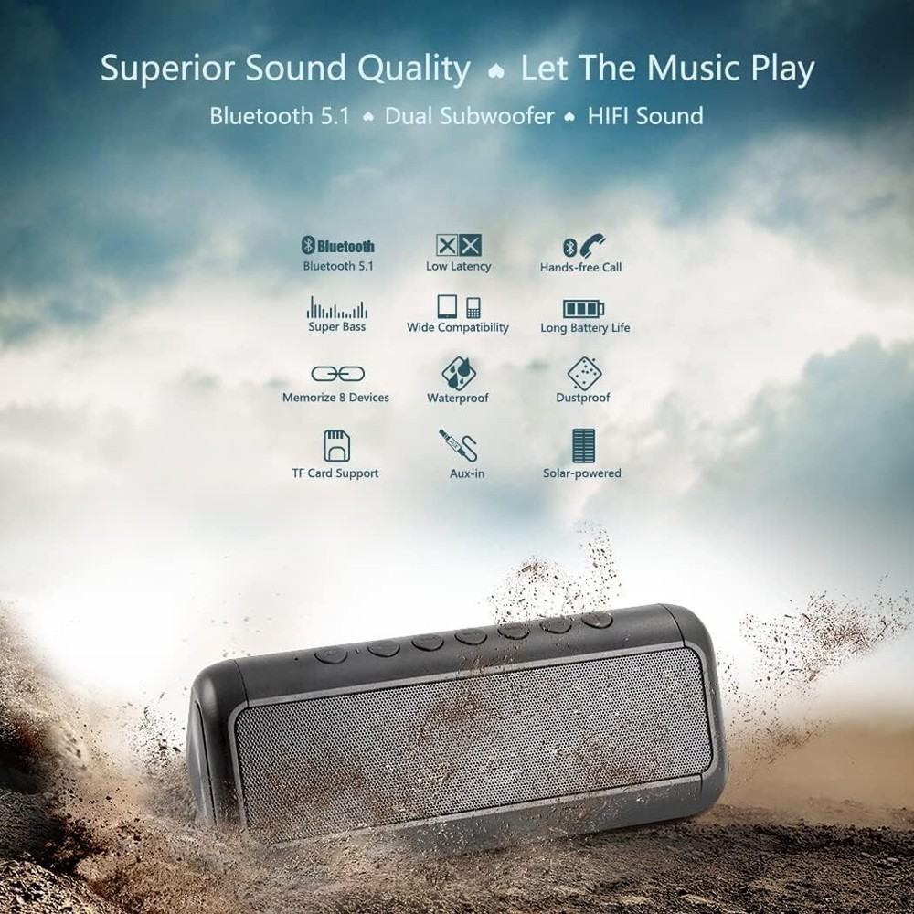 Solar Bluetooth Speaker, Wireless Waterproof Bluetooth Speaker