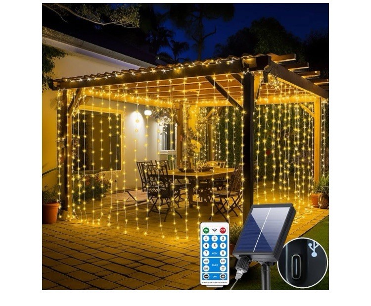 Solar Curtain Lights Outdoor Waterfall String Lights 600 LED Warm
