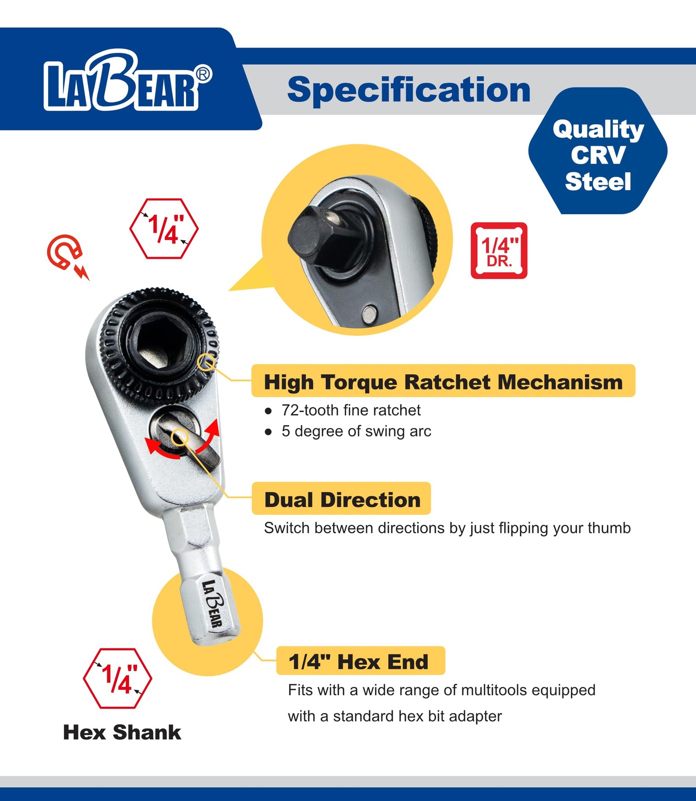 LABEAR 2-in-1 Mini Ratchet Wrench Adapter, Magnetic 1/4" Hex Bit Silver