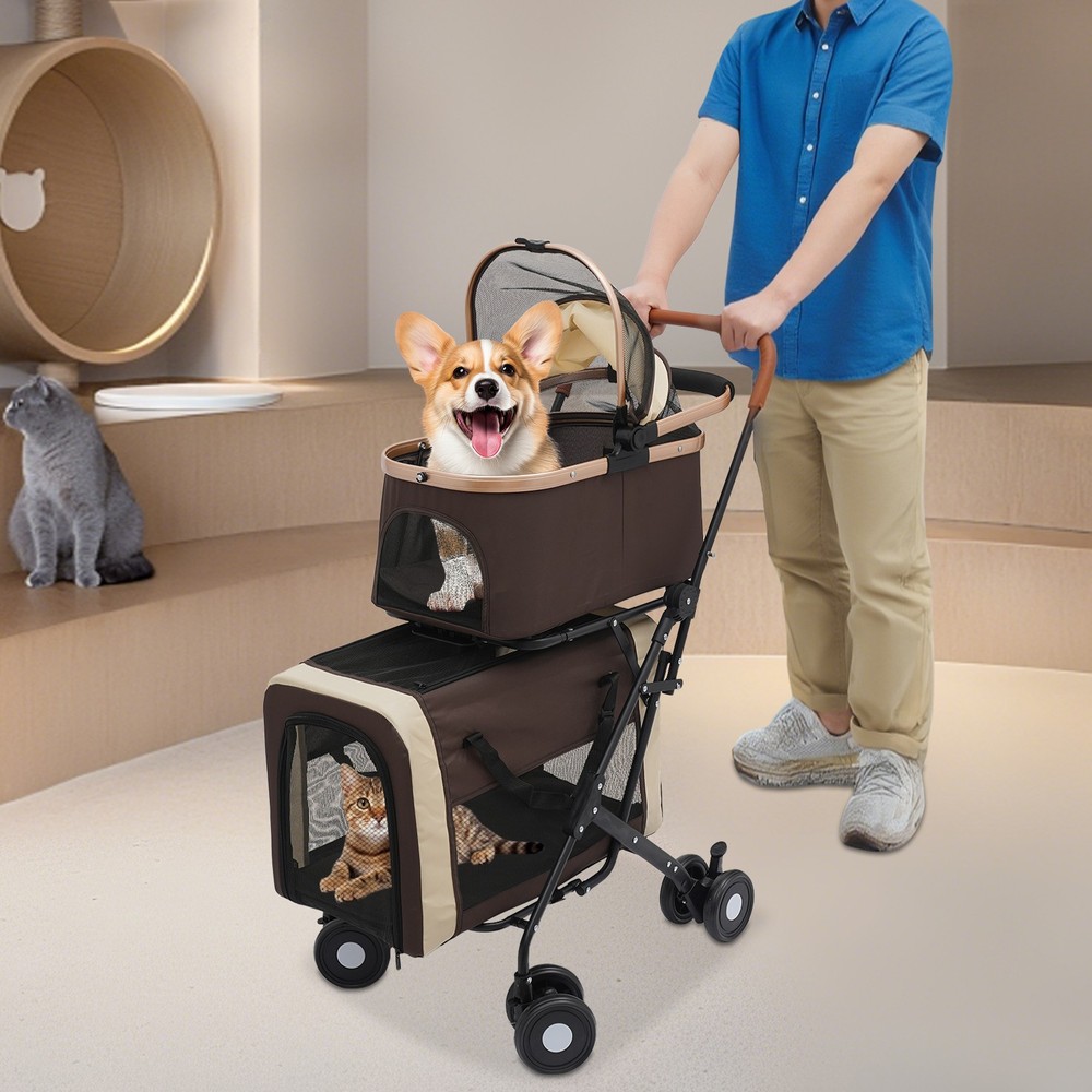 2-Tiers Cat Stroller Foldable Pet Stroller Small & Medium Dogs Stroller 77lbs