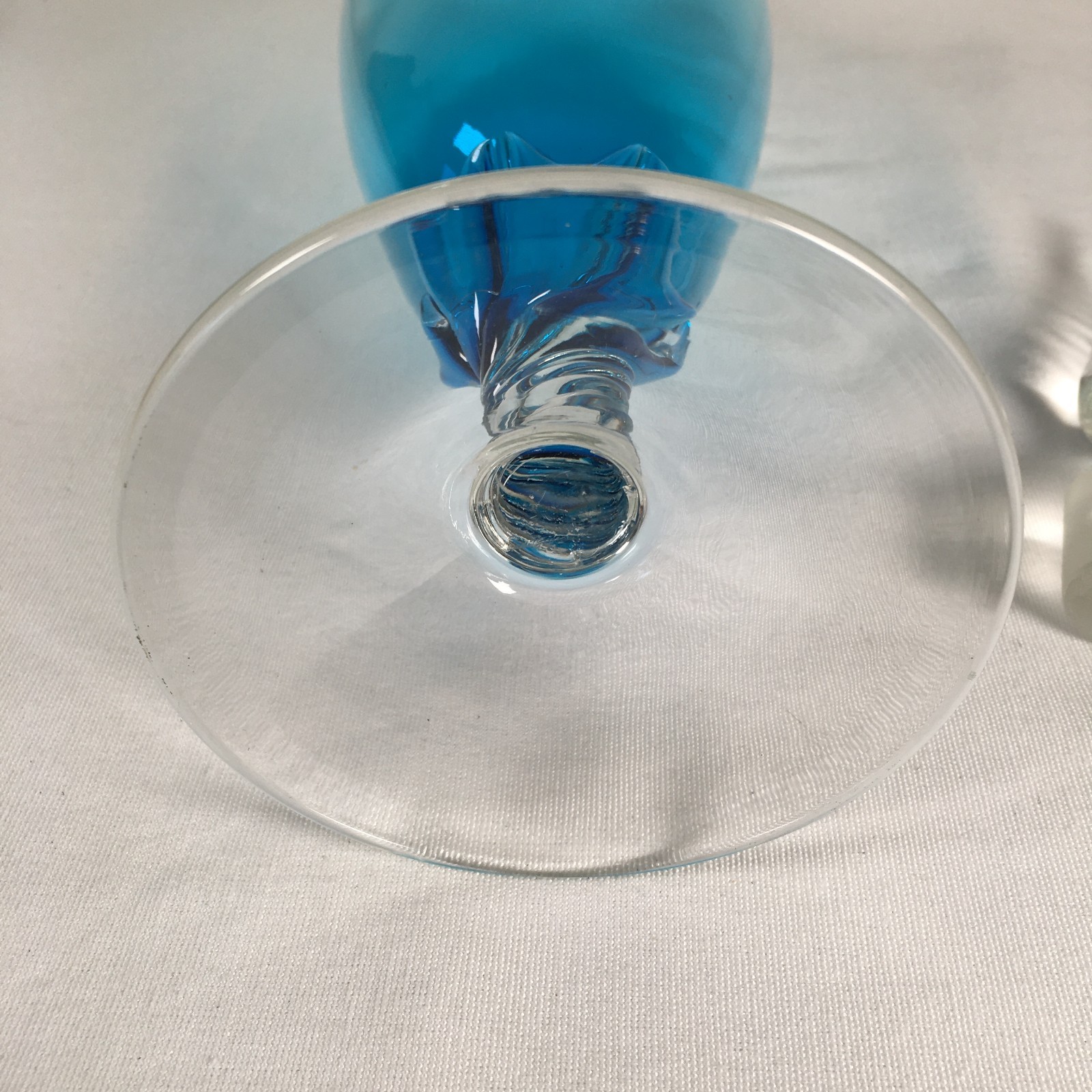 Vintage MCM Empoli Turquoise Glass Decanter w/Clear Flame Glass Stopper 20"