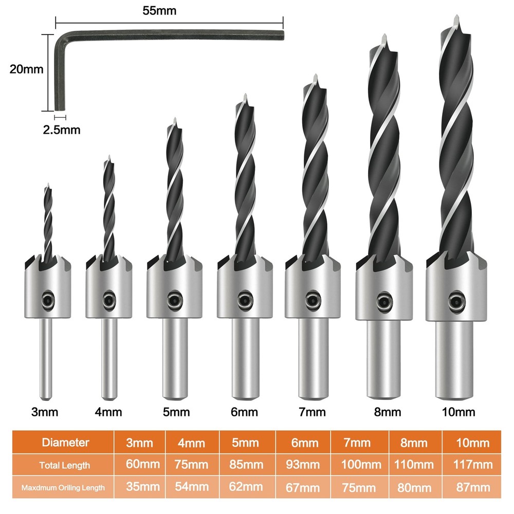 GMTOOLS Countersink Drill Bit Set, 7Pcs Tapered Bits M2 HSS, with 3mm