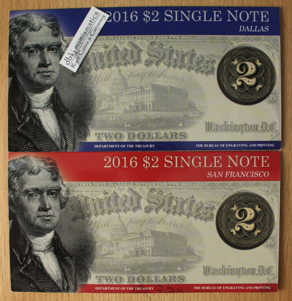 2016 $2 Single Note Set - 2 Notes Dallas & San Francisco Districts - OGP
