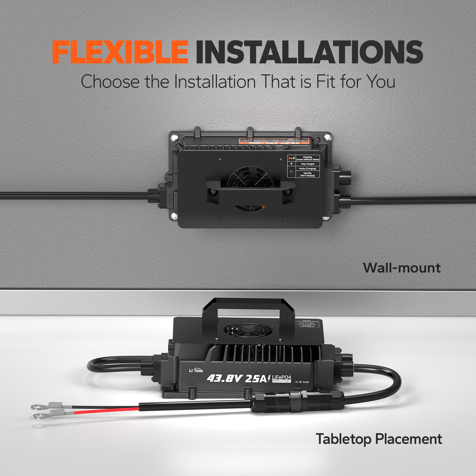 LiTime 36V(43.8V) 25A Smart AC-DC Waterproof Charger for Lithium LiFePO4 Battery