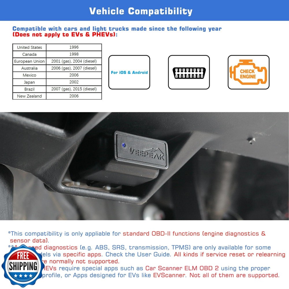 Veepeak OBDCheck BLE Bluetooth OBD II Scanner for iOS and Android