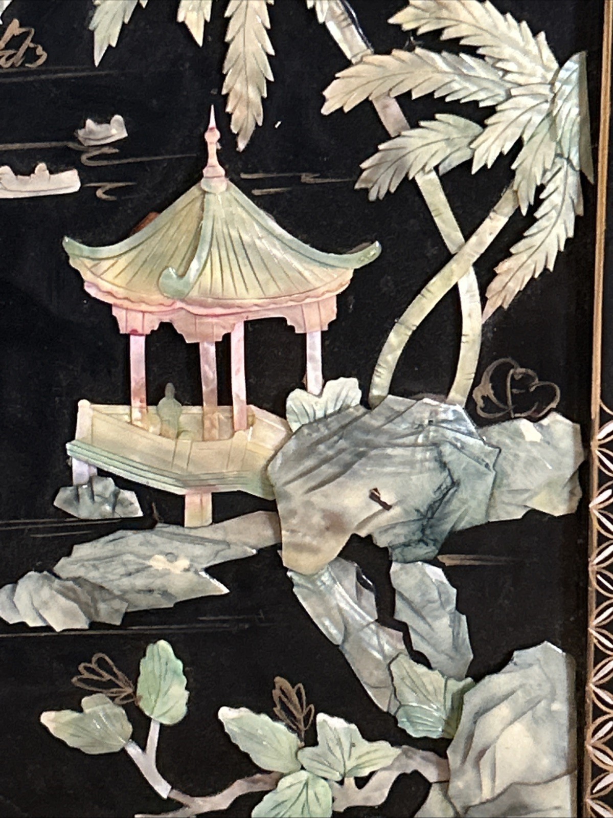 3 Vintage Laquered Asian With Mother of Pearl Panels 12”x 36” 2 Sets Available