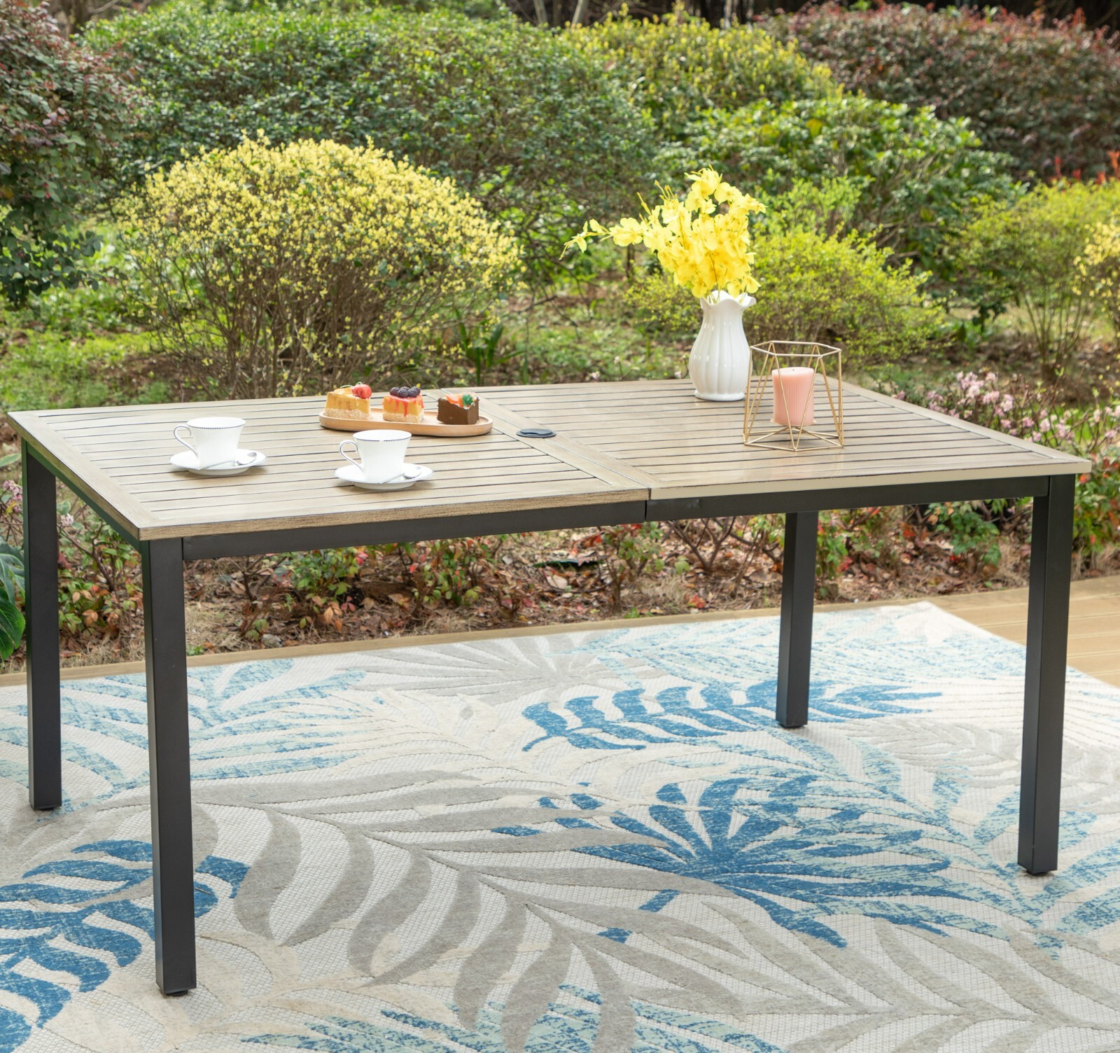 64" Patio Dining Table Metal Large Outdoor Table with Umbrella Hole Heavy Duty