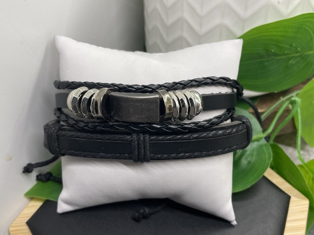 2 PC Leather Bracelet Stackable Adjustable Tie Free Bar Charm B5219