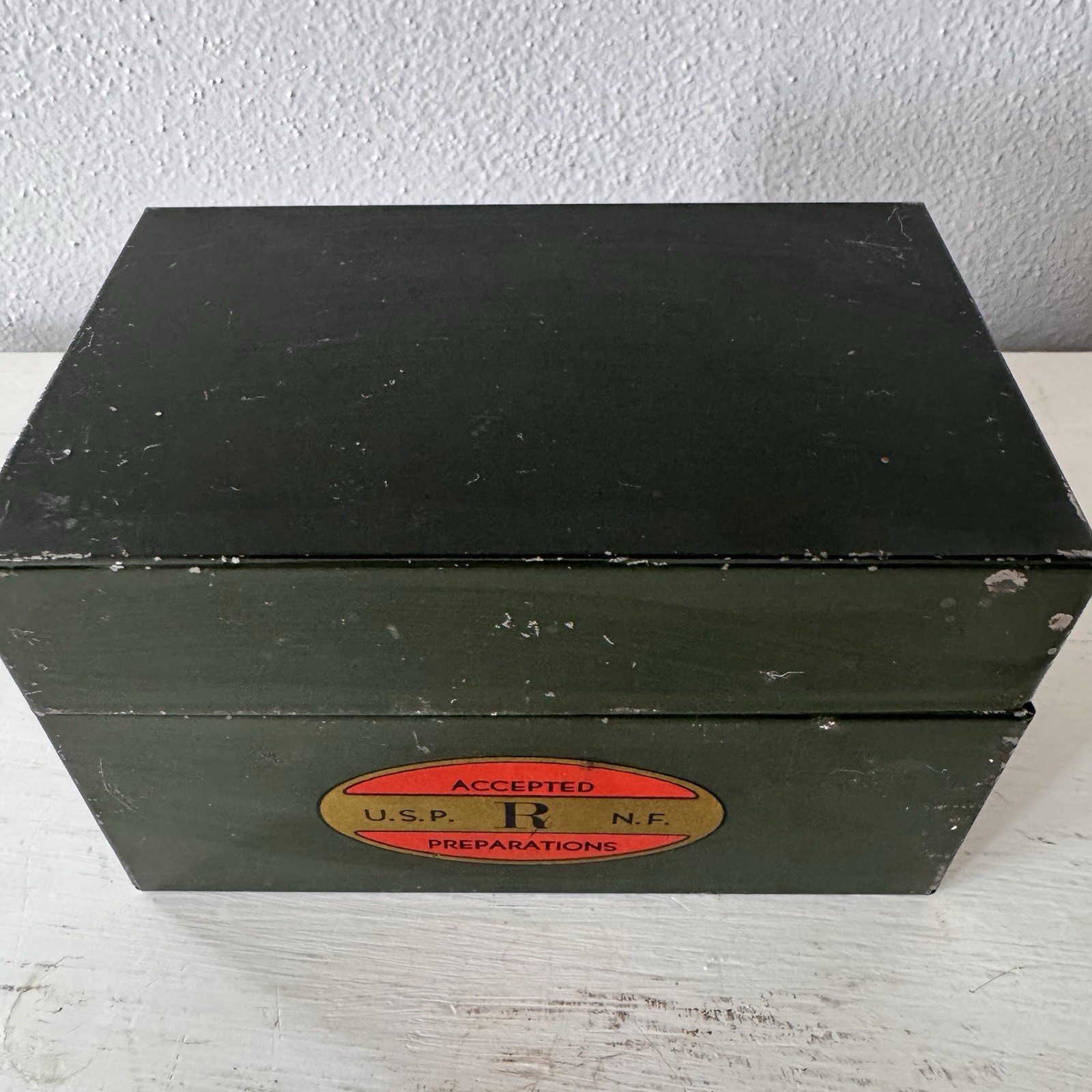 Vintage Green Metal Card File Box U.S.P. R. N.F. Accepted Preparations W Cards