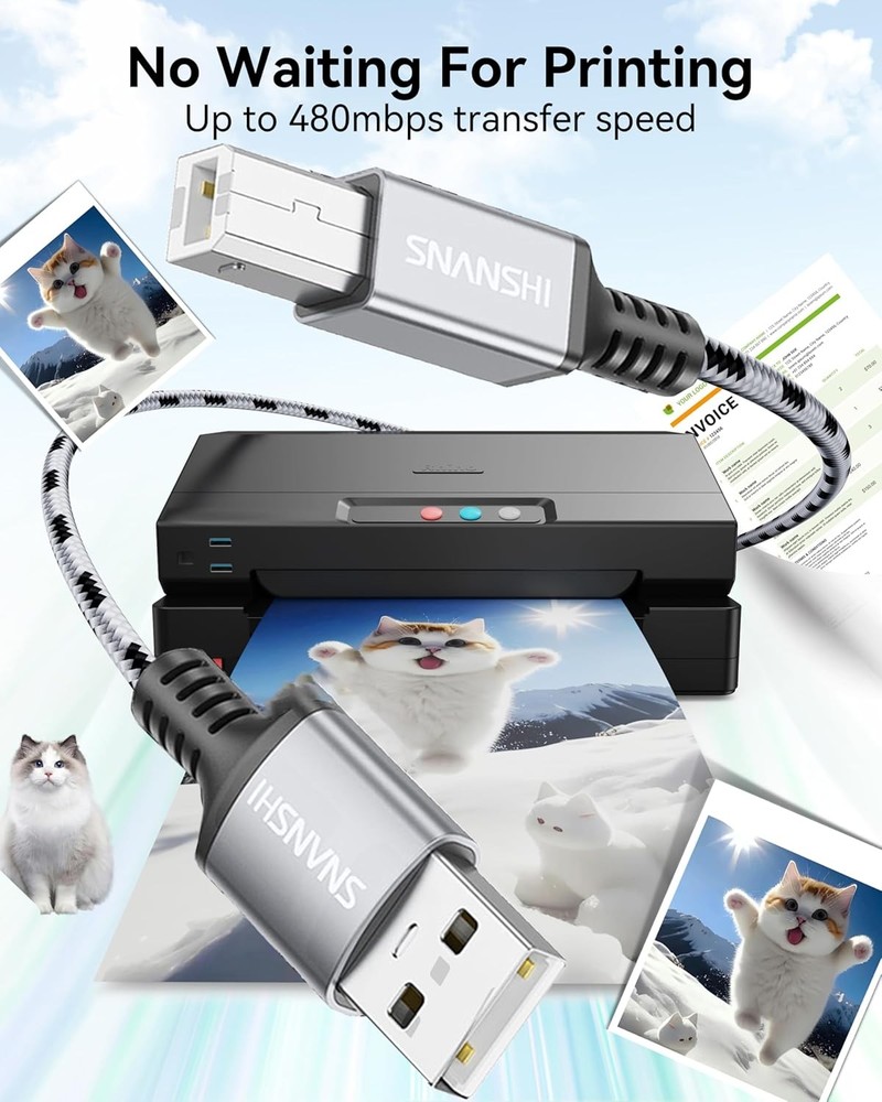 USB Printer Cable 6ft - USB2.0 A to B - Stable Connection, 6FT