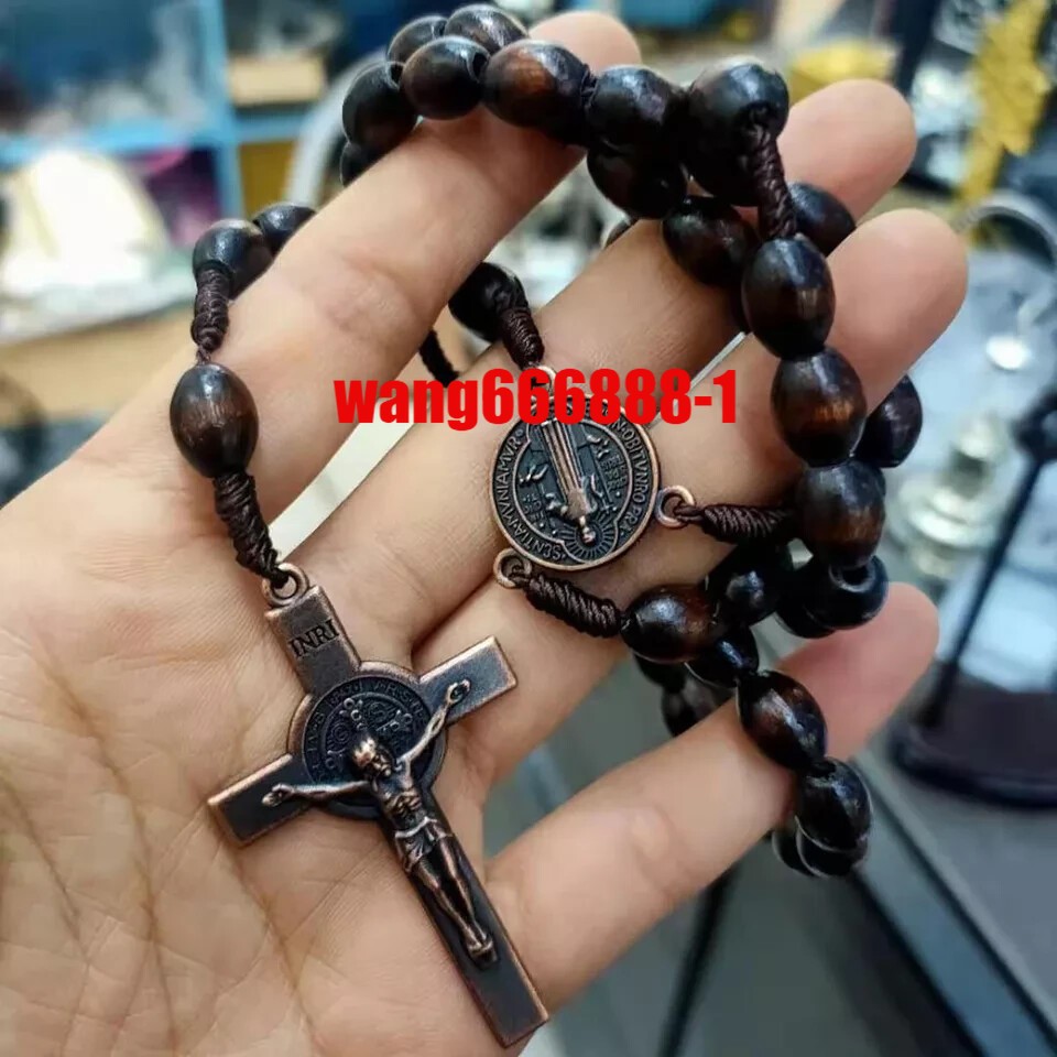 Deep Brown Saint St Benedict Wood Beads Rosary Prayer Crucifix Cross Jerusalem