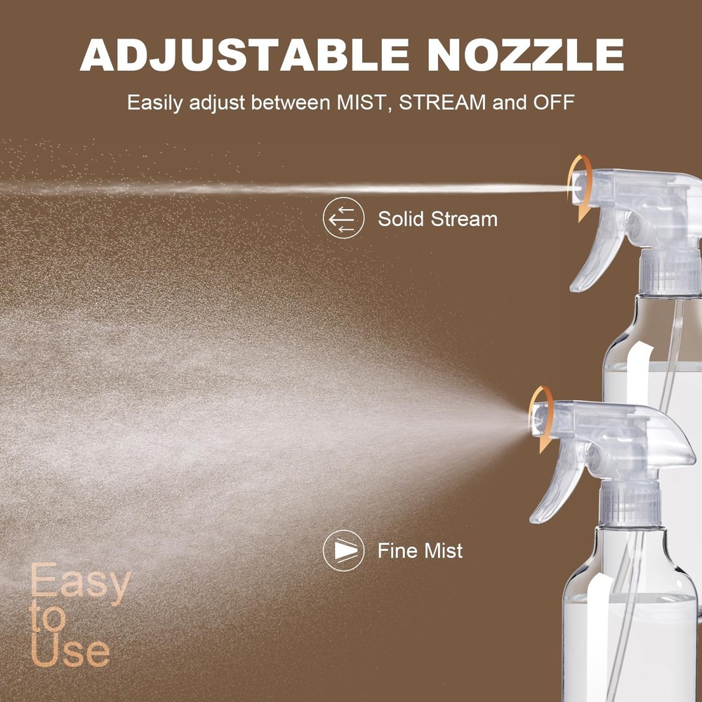 2Pack 16.9 oz Plastic Spray Bottles Mist & Stream MultiPurpose Clear