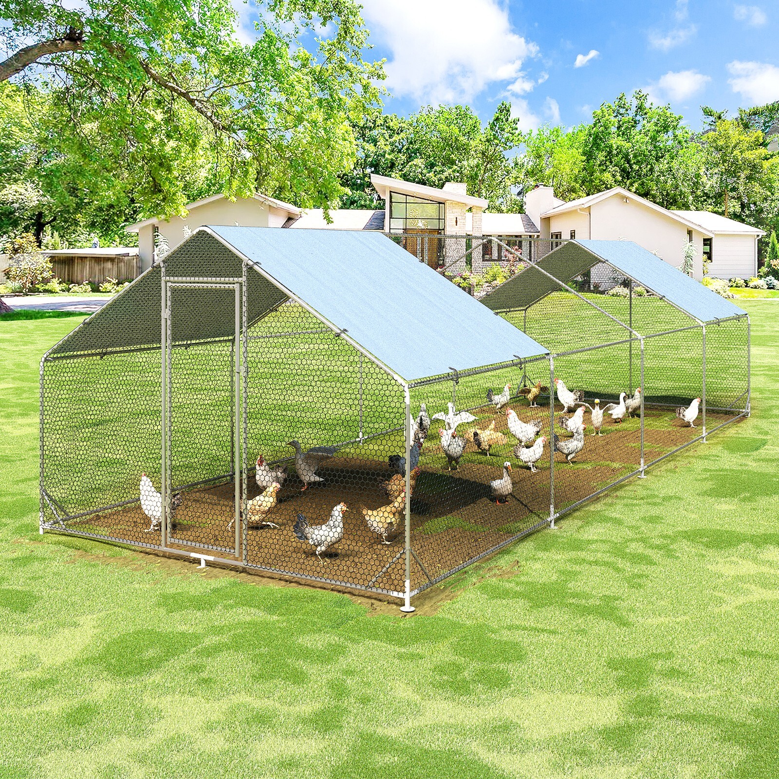 7FT/14FT/20FT/27FT Large Metal Chicken Coop, Walk-in Poultry Cage Galvanized