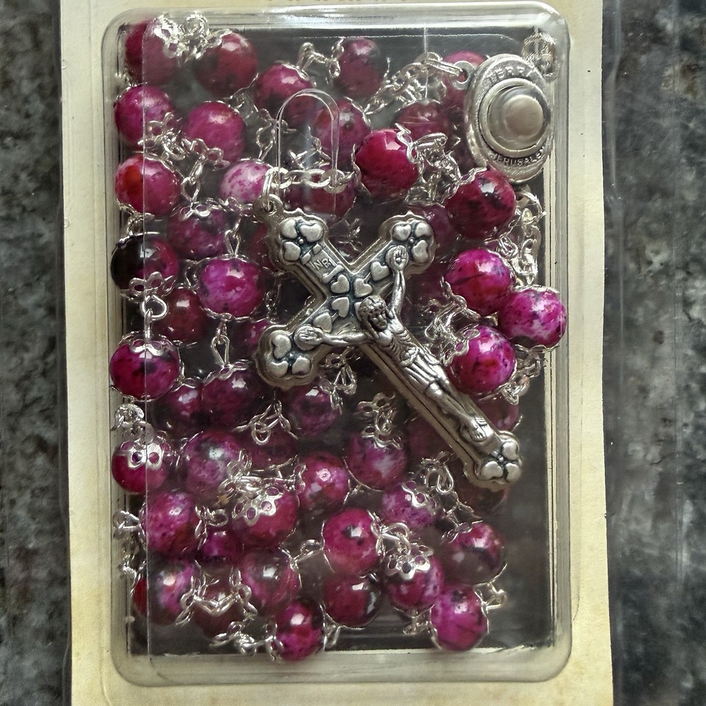 Holyland Rosary Berry Red-Magenta Beaded Rosary W/Jerusalem Cross and Crucifix