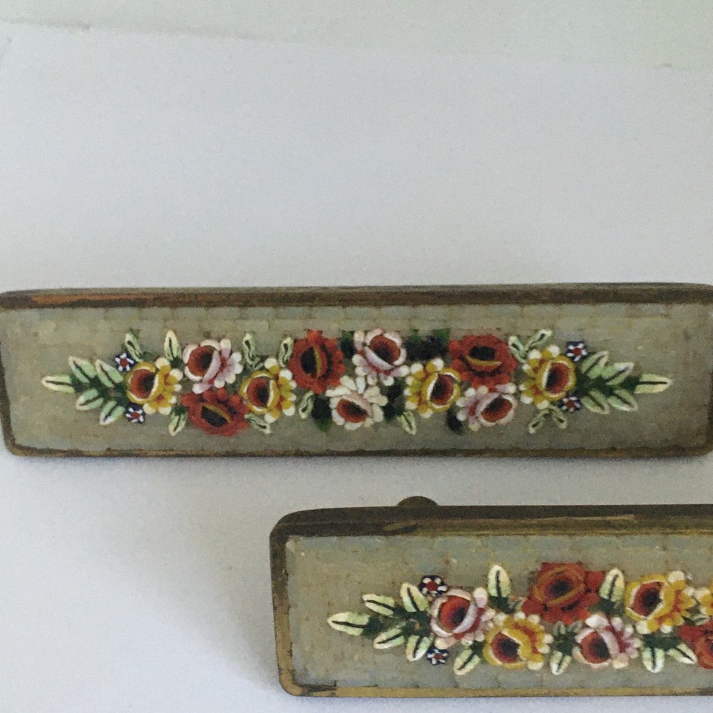 RARE ANTIQUE MICRO MOSAIC PAIR SOLID BRASS DRAWER CABINET PULLS HANDLES 1"X4"
