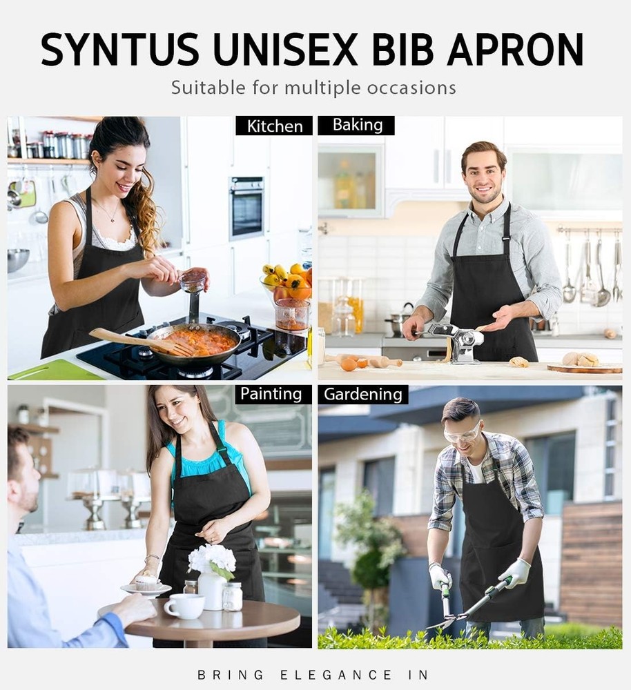 Syntus 2 Pack Adjustable Bib Apron Waterdrop Resistant with 2 Basic Black