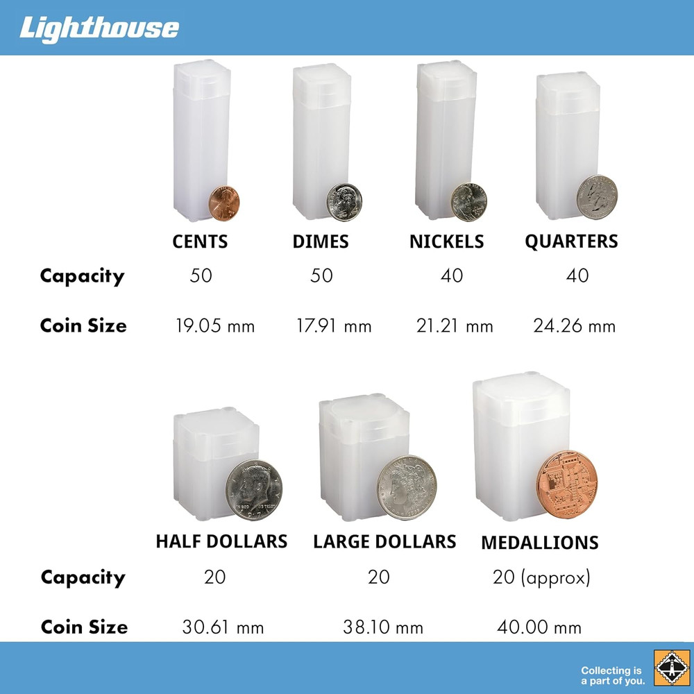 Lighthouse - Square Coin Tubes - Convenient Push Top, Virtually Unbreakable, Aci