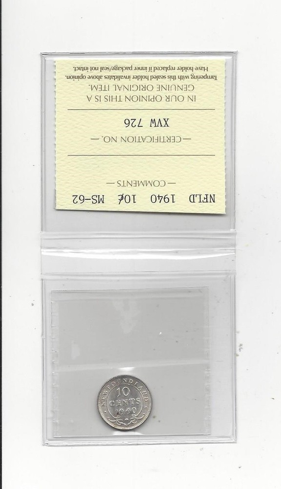 1940, ICCS Graded Newfoundland, ¢10 Ten Cent, **MS-62**