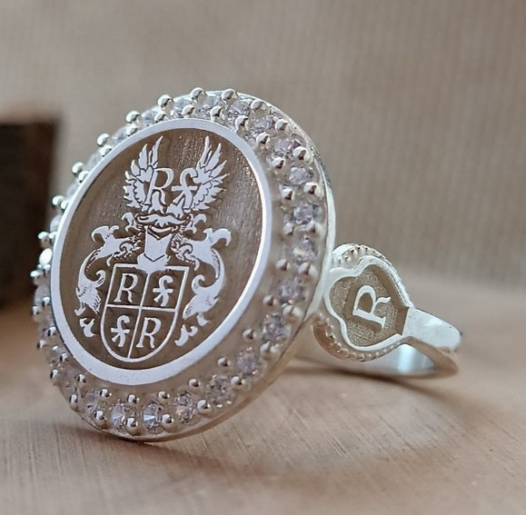 Custom Family Crest Signet Ring Sterling Silver with CZ Border Personalized Jewe