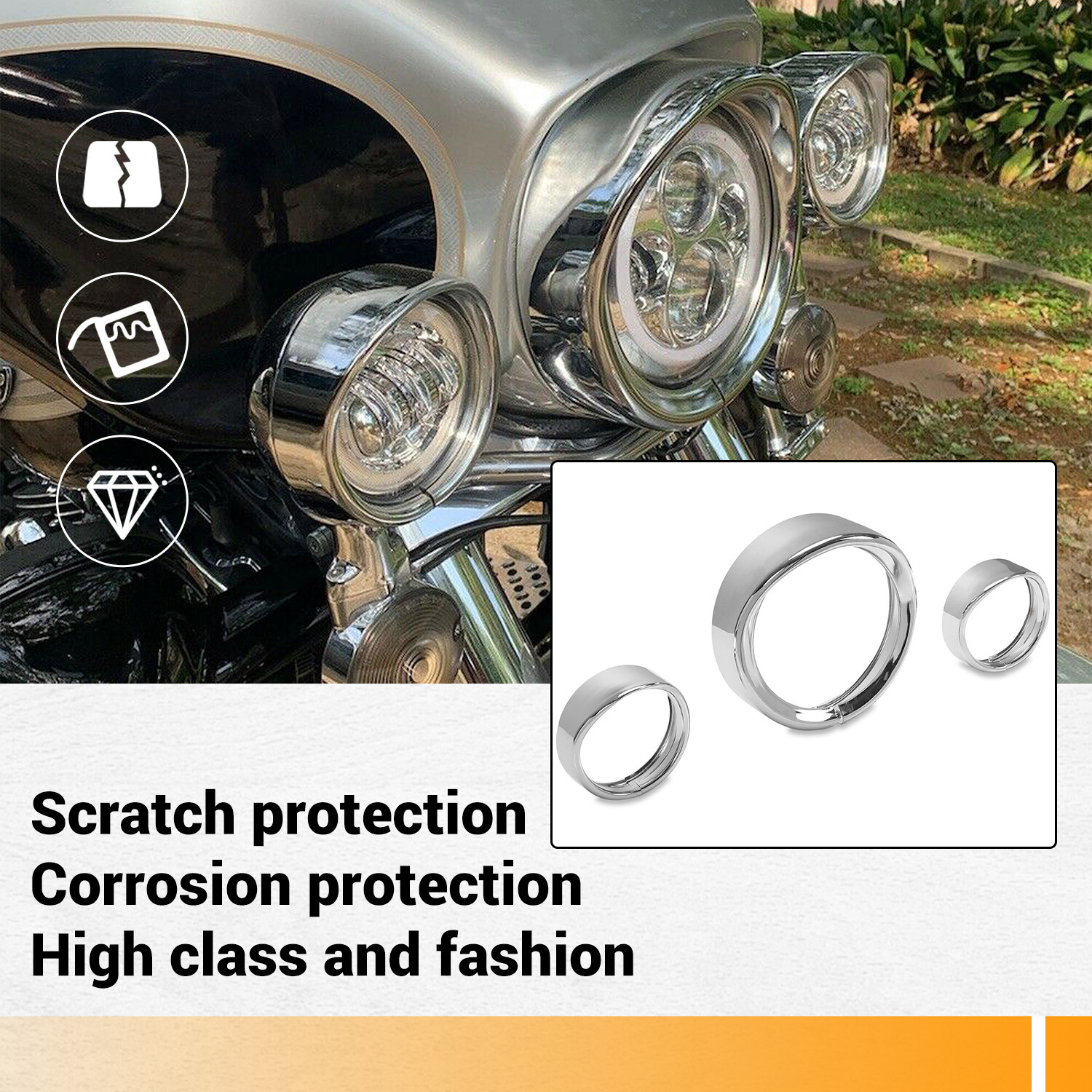 7" + 4.5" Headlight Fog Light Visor Style Trim Ring For Harley Touring Dyna
