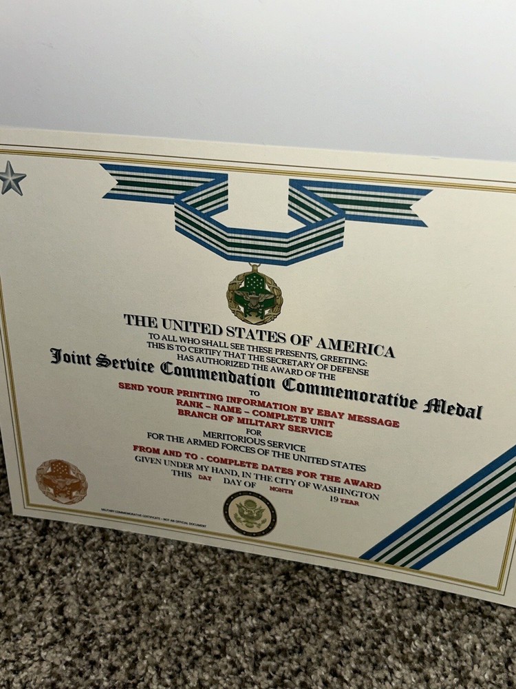 JOINT SERVICE COMMENDATION MEDAL COMMEMORATIVE CERTIFICATE ~TYPE-2 w/PRINTING