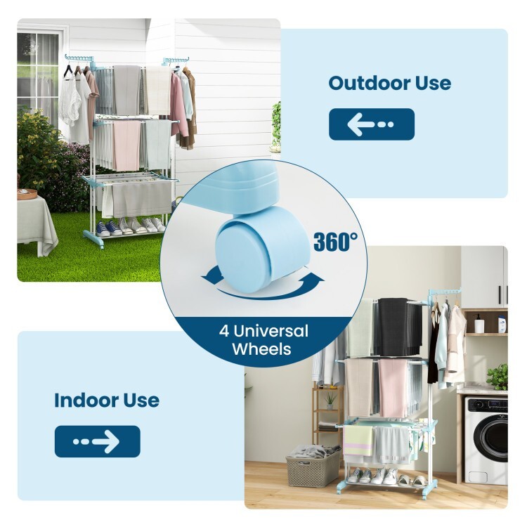 3-Tier Clothes Drying Rack Collapsible Laundry Dryer Hanger Rotatable Side Wing