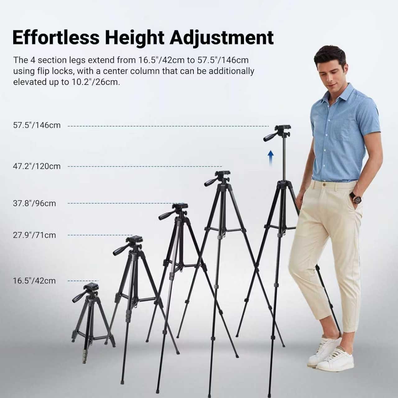Adjustable Phone & Camera Tripod w/Built-in Level, Portable Metal Travel Stand