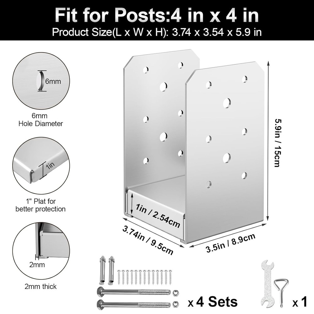 4"x 4" Stainless Steel Adjustable Post Base 4Pcs for Deck Railing Support