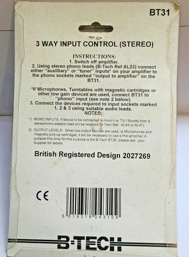 B TECH - 3 Way Input Control Switch - Stereo - BT31, New Old Stock