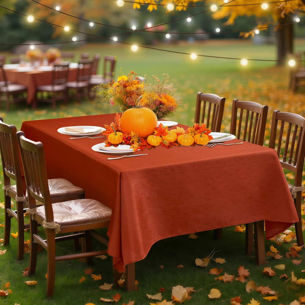 Faux Linen 2-Pack Fall Tablecloths, Wrinkle-Resistant, Rust, 60x84 Inch
