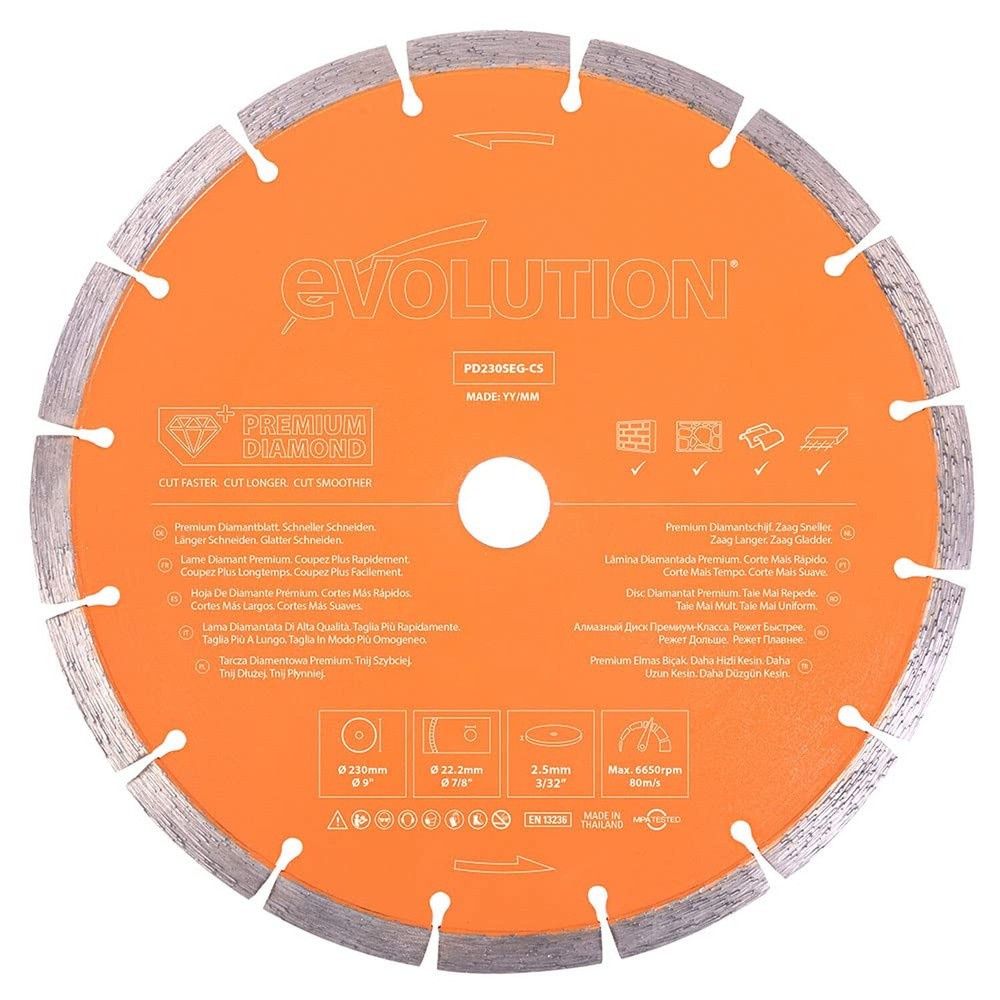 Evolution 9 Inch Diamond Blade with Segmented Edge, 7/8 in Bore, Concrete, St...