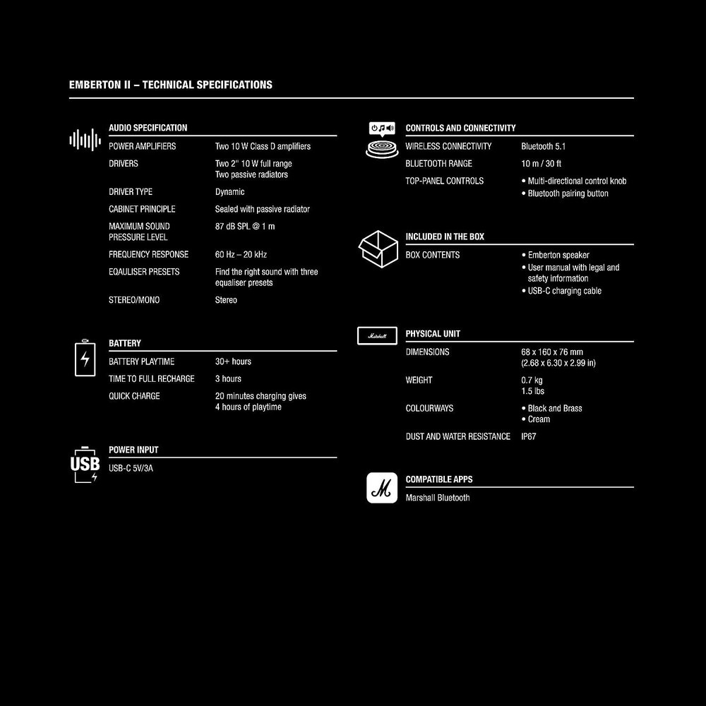 Marshall Emberton 2 Wireless Bluetooth Portable Speaker (Black & Brass)