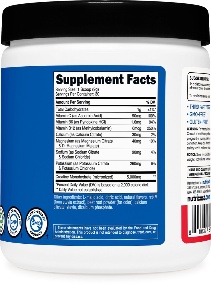 Nutricost Creatine Monohydrate + Hydration Fruit Punch Flavored, 30 Servings