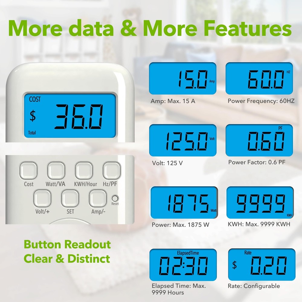 HBN Watt Meter Plug with Backlight, Plug-in Socket Power White