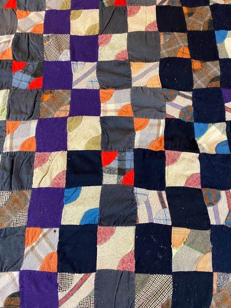 1920s Wool Quilt Drunkard’s Path Variation Antique Patchwork Blanket Heavy 80x65