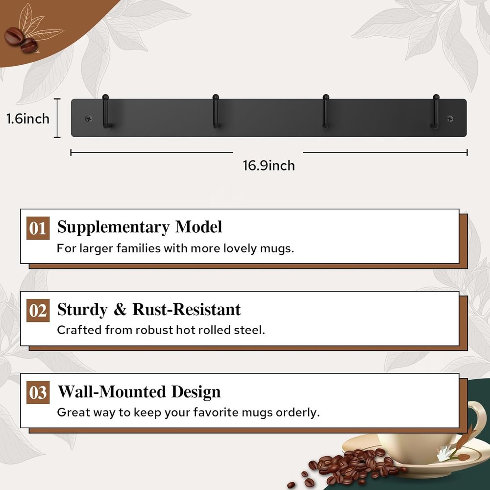 Coffee Mug Holder Wall Mounted W/ 12 Hooks Regular Additional Mug Rack)